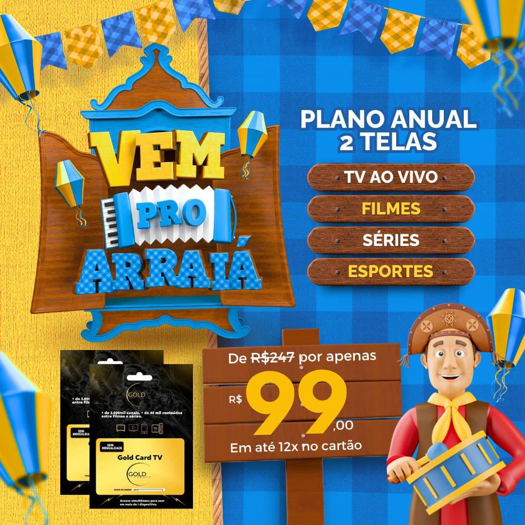 Gold Card TV - Promoção São João. A melhor IPTV do Brasil para sua TV, TV Box e Smart TV.